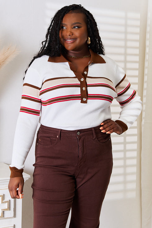 Basic Bae Striped Collared Neck Rib-Knit Top - LISA MARIE BOUTIQUE