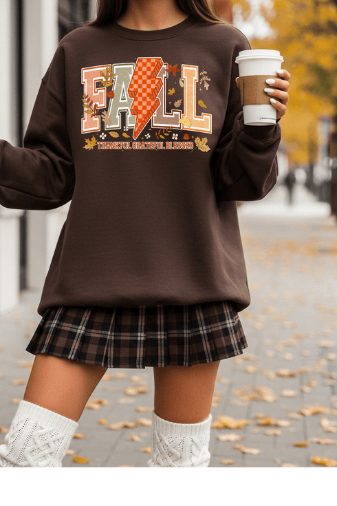 (10 - 3 - 25) Electric Fall Sweatshirt - LISA MARIE BOUTIQUE - Graphic Tee - S - Dark Chocolate Gildan Sweatshirt -