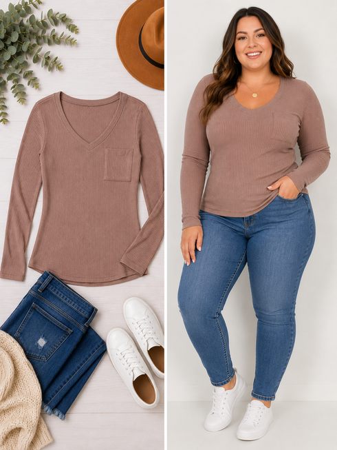 Ribbed Knit Long Sleeve V Neck Top With Chest Pocket