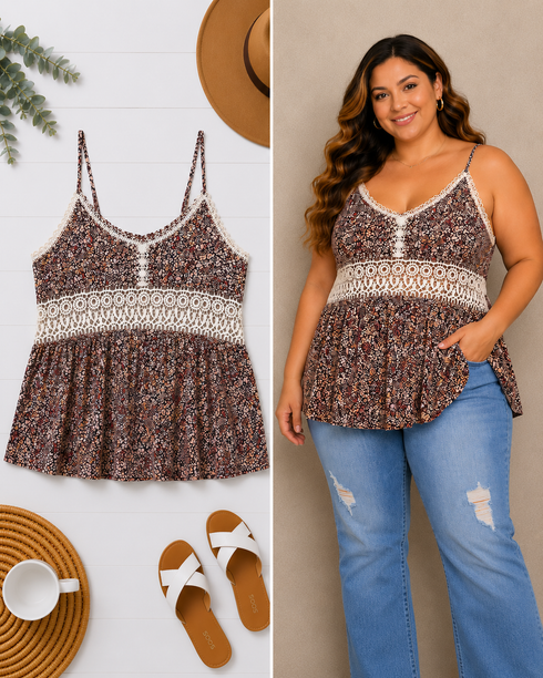 Multicolor Floral Print Lace Crochet Spaghetti Strap Tank Top
