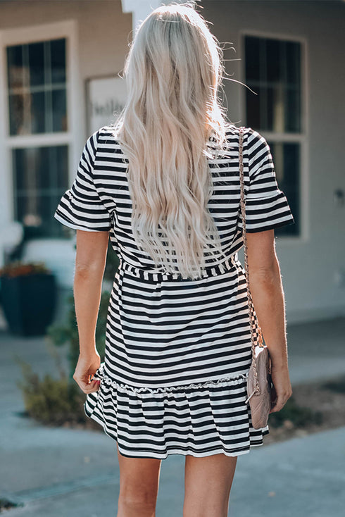 You Had Me At Stripes Tie Waisted Frill Trim Dress