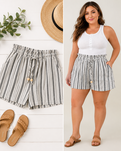 Cozy Co Linen Blend Striped Drawstring Shorts SALE
