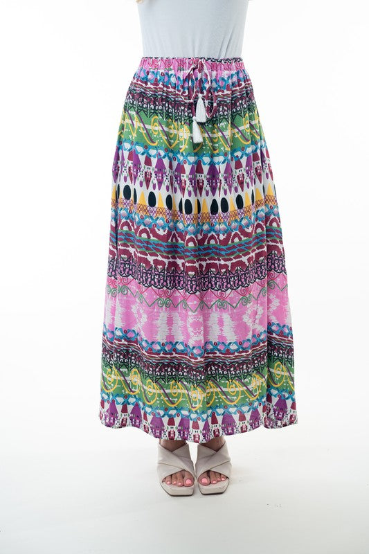 Printed Elastic Waist Band Long Skirt with Tassels in Pink