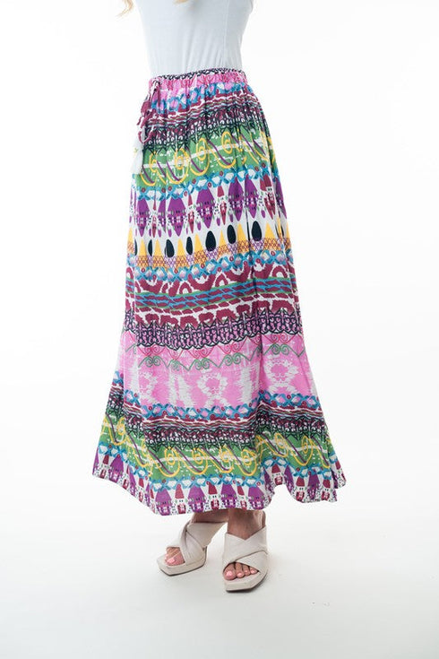 Printed Elastic Waist Band Long Skirt with Tassels in Pink