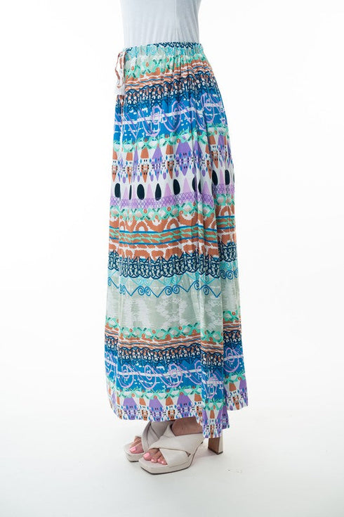 Printed Elastic Waist Band Long Skirt with Tassels in Sage