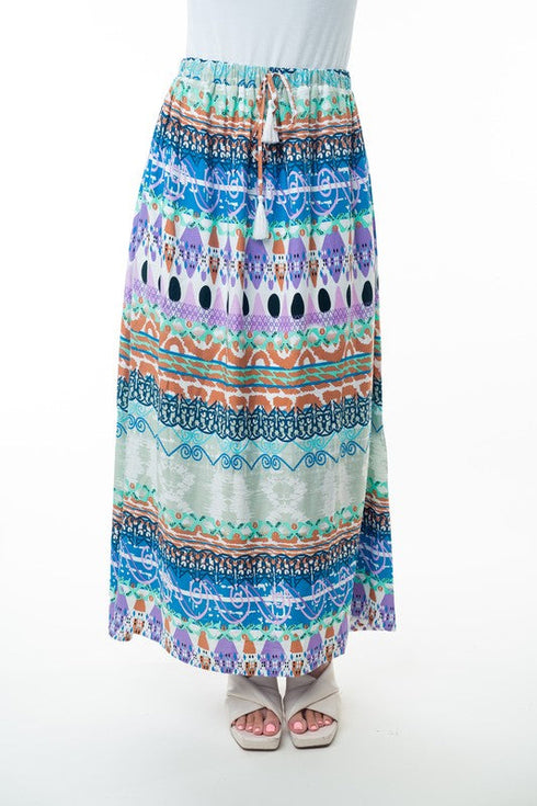 Printed Elastic Waist Band Long Skirt with Tassels in Sage