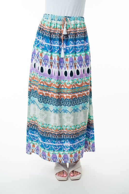 Printed Elastic Waist Band Long Skirt with Tassels in Sage