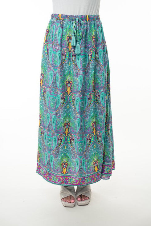 Printed Elastic Waist Band Long Skirt with Tassels in Mint