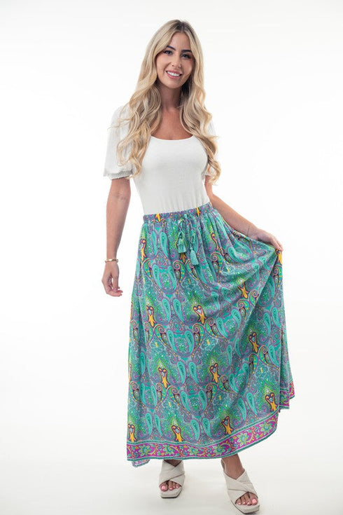 Printed Elastic Waist Band Long Skirt with Tassels in Mint