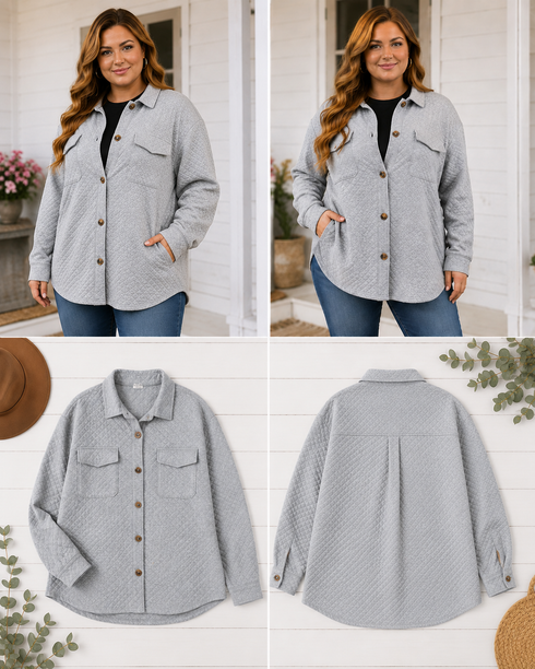 Quilted Button Down Shacket With Pockets
