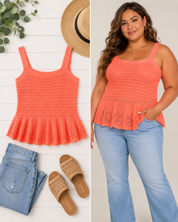 Davi & Dani Knit Peplum Tank Top Neon Orange SALE
