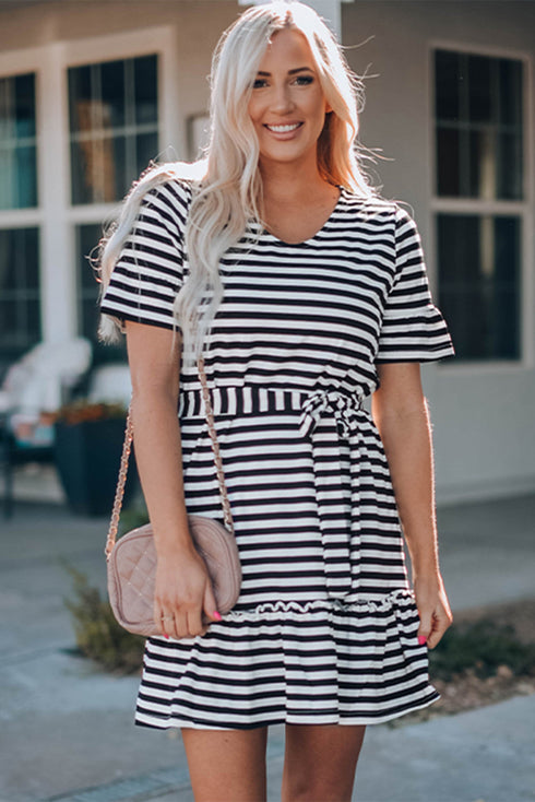 You Had Me At Stripes Tie Waisted Frill Trim Dress