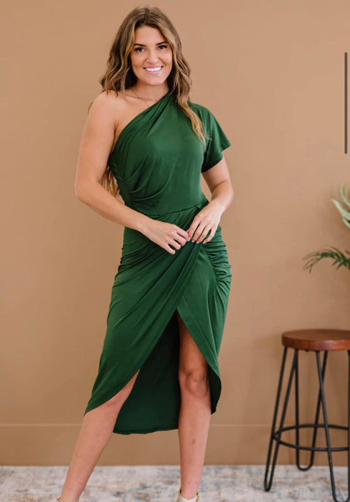 Dress Day With the Wildflowers One-Shoulder Dress in Green SALE