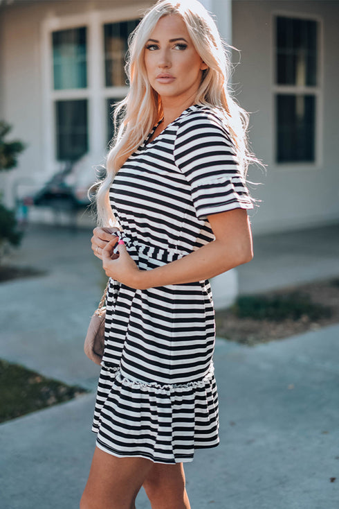 You Had Me At Stripes Tie Waisted Frill Trim Dress