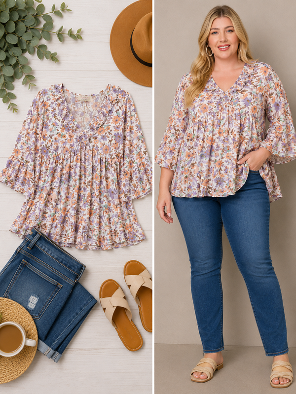 Lavender Watercolor Floral Ruffle Top