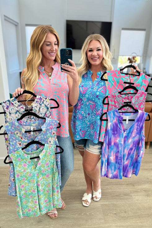 Lizzy Tank Top in Aqua and Pink Filigree
