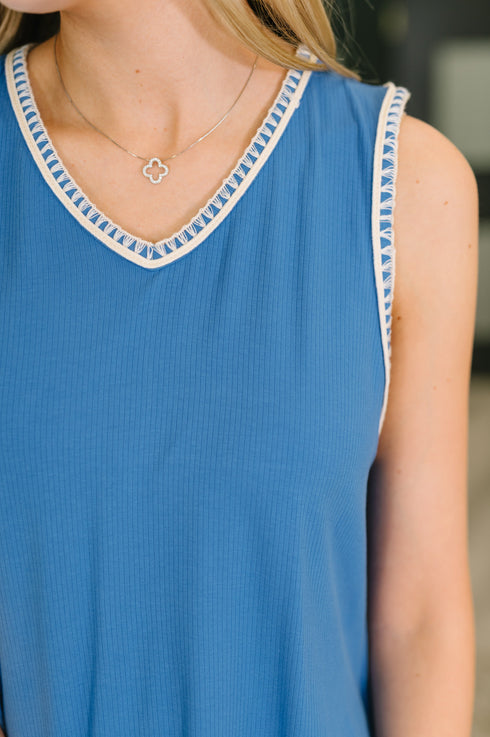 Airloom Trim Detail Mini Tank Dress in Ocean Blue