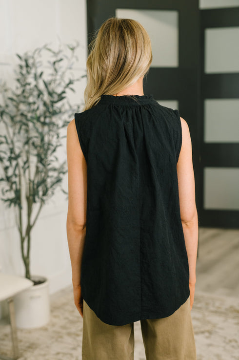Camellia Split Neck Embroidered Tank in Black