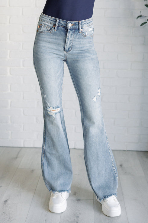 Judy Blue Caroline Mid Rise Control Top Distressed Flare Jeans