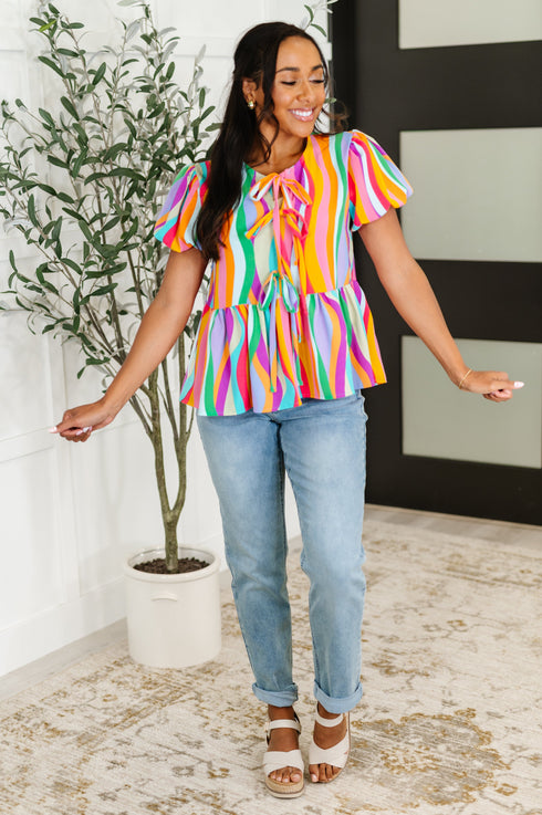 Chromatide Puff Sleeve Blouse in Mint/Orange