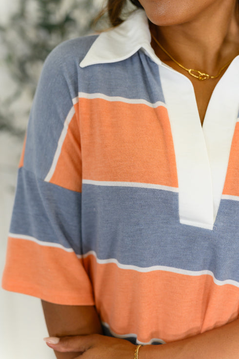 Cloudbound Collared Casual Top in Orange and Denim
