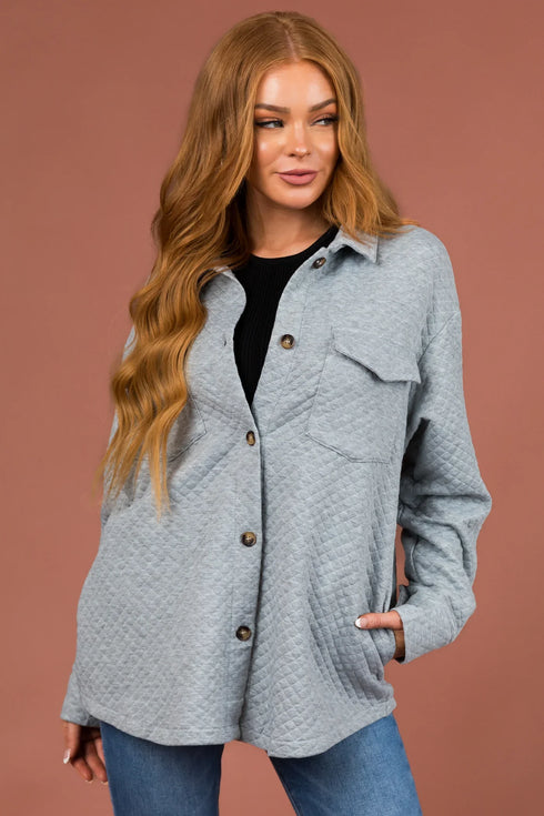 Quilted Button Down Shacket With Pockets