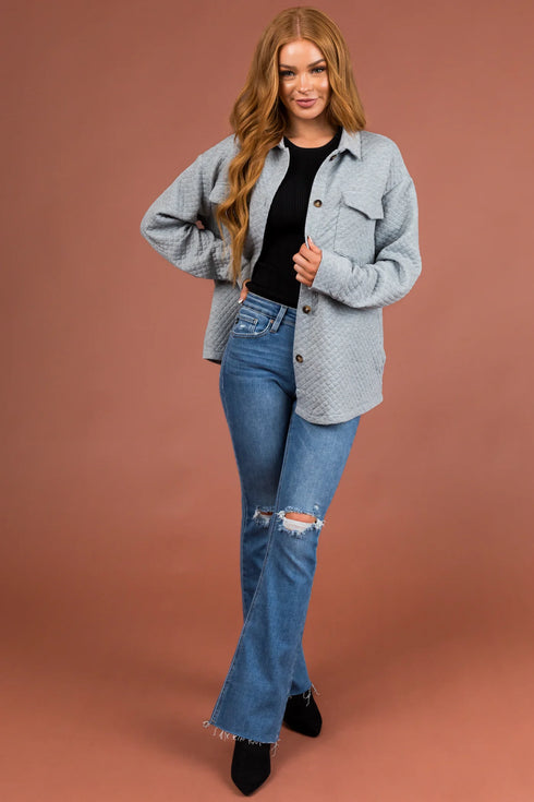 Quilted Button Down Shacket With Pockets