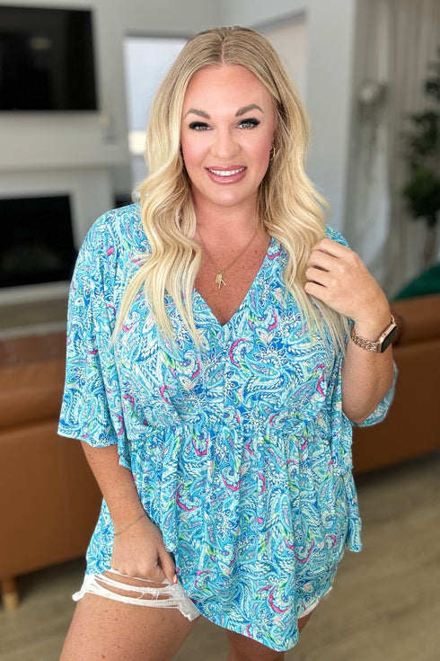 Dreamer Peplum Top in Blue and Teal Paisley