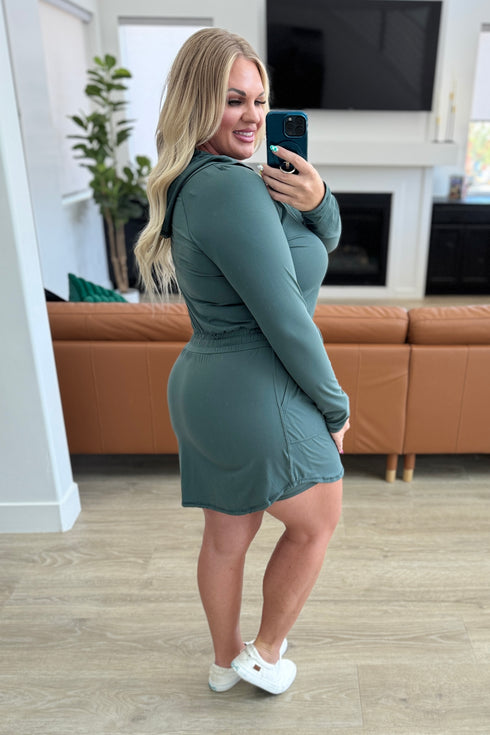 Getting Out Long Sleeve Hoodie Romper in Smoked Spruce