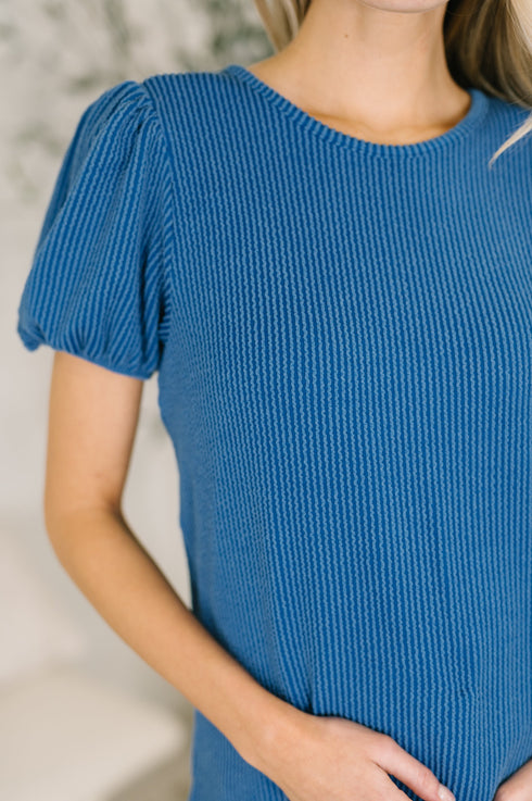 Grace & Virtue Balloon Sleeve Blouse in Ocean Blue