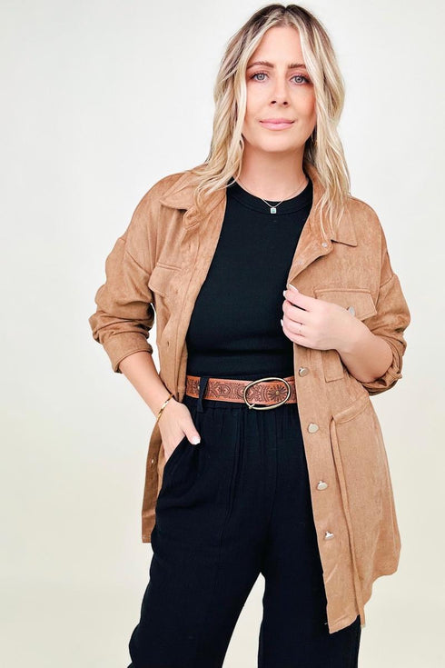 Cotton Bleu Faux Suede Shirt Jacket - LISA MARIE BOUTIQUE