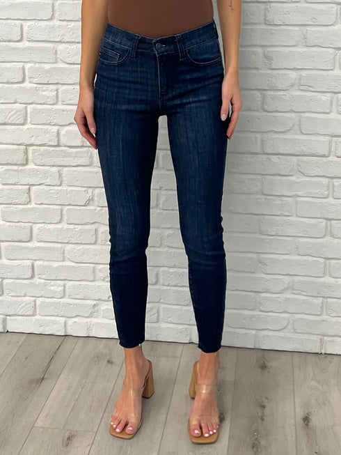 Judy Blue Fallon Mid Rise Adjustable Waist Raw Hem Skinny Jeans