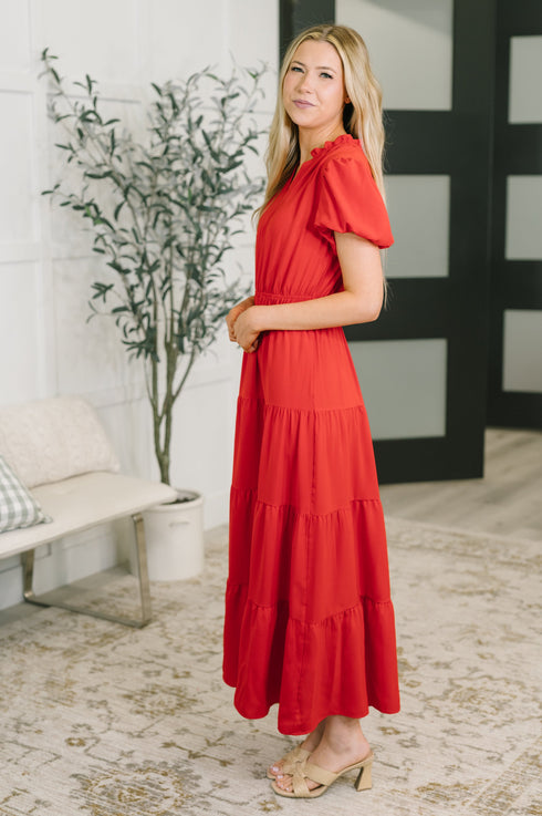 Keep You Coming Balloon Sleeve Tiered Dress in Red