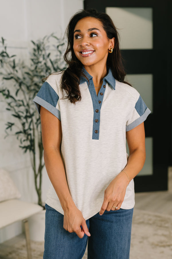 Knowing Me Collared Henley Top