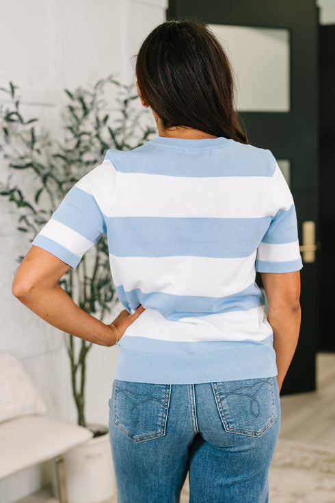 Known for a While Knit Blouse in White and Blue