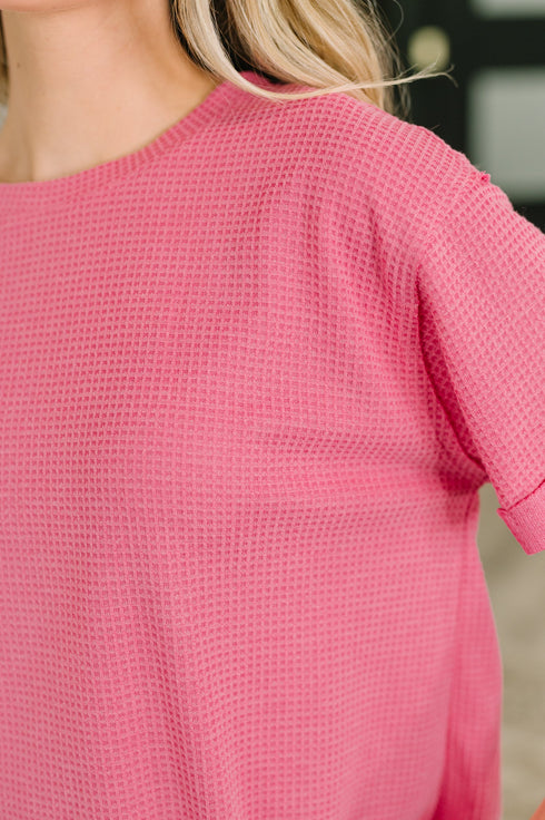 Leave It to Me Waffle Knit Relaxed Tee in Pink