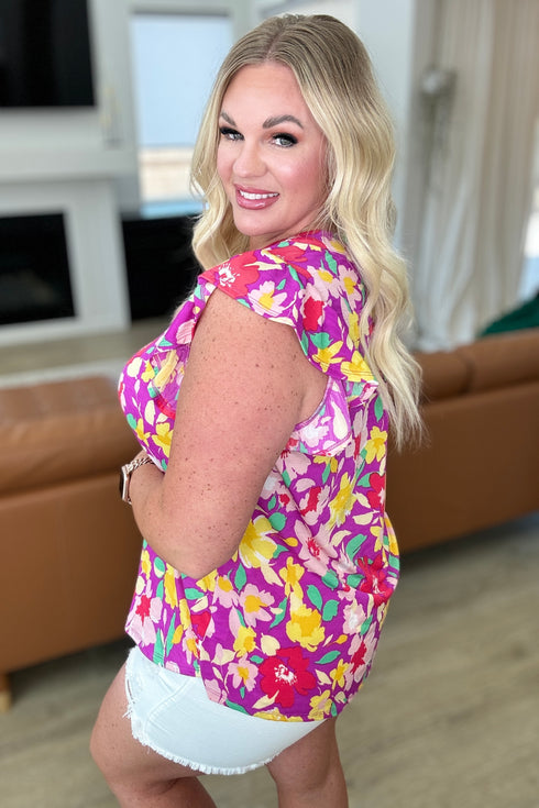 Lizzy Flutter Sleeve Top in Magenta and Yellow Floral