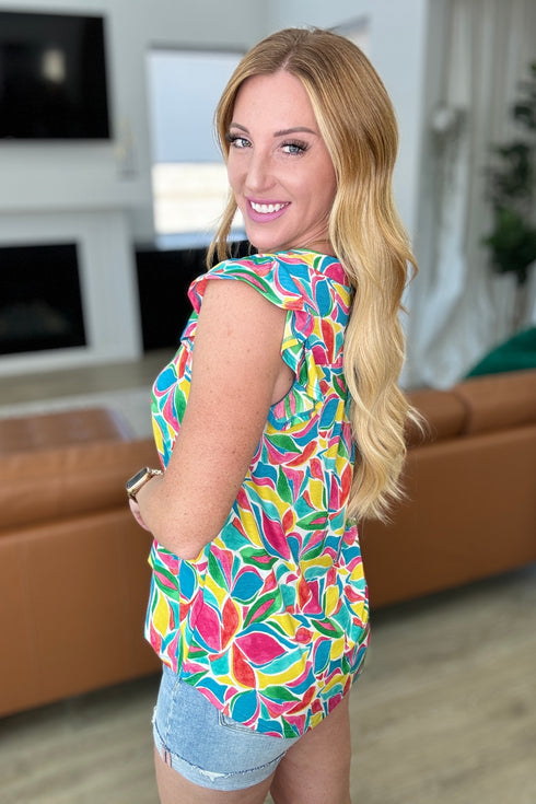 Lizzy Flutter Sleeve Top in Teal and Red Mod Floral