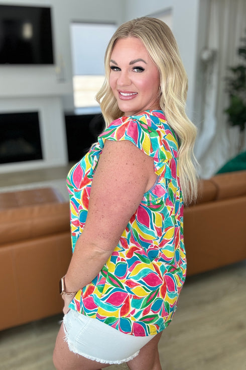 Lizzy Flutter Sleeve Top in Teal and Red Mod Floral