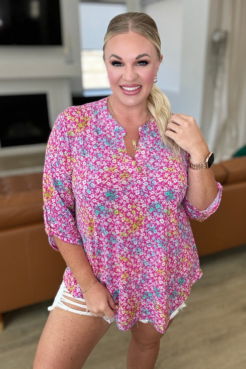 Lizzy Top in Pink and Aqua Ditsy Floral