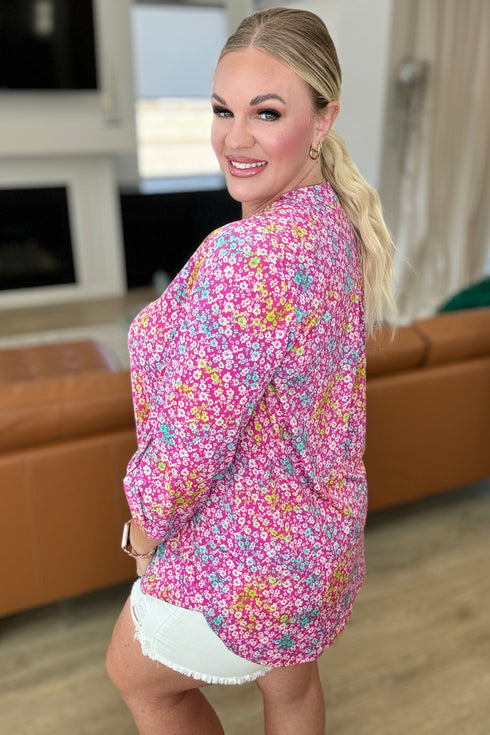Lizzy Top in Pink and Aqua Ditsy Floral