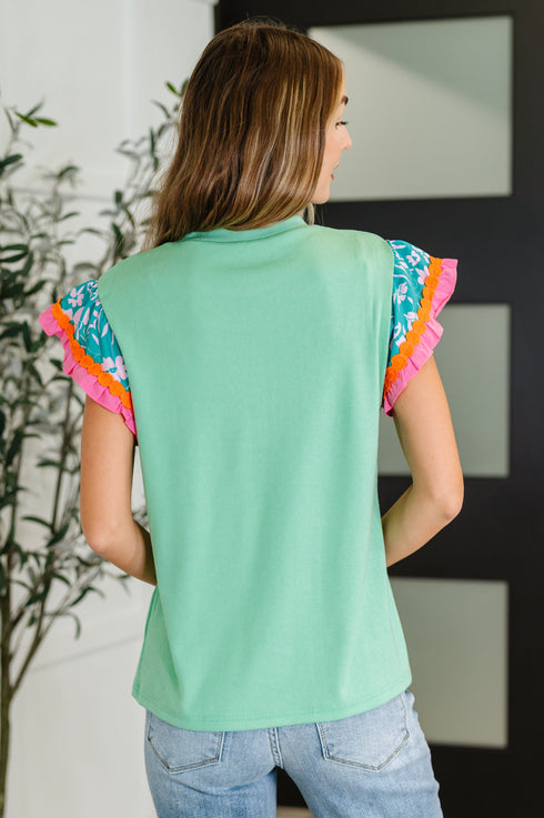 Petals & Poise Floral Flutter Sleeve Top in Green