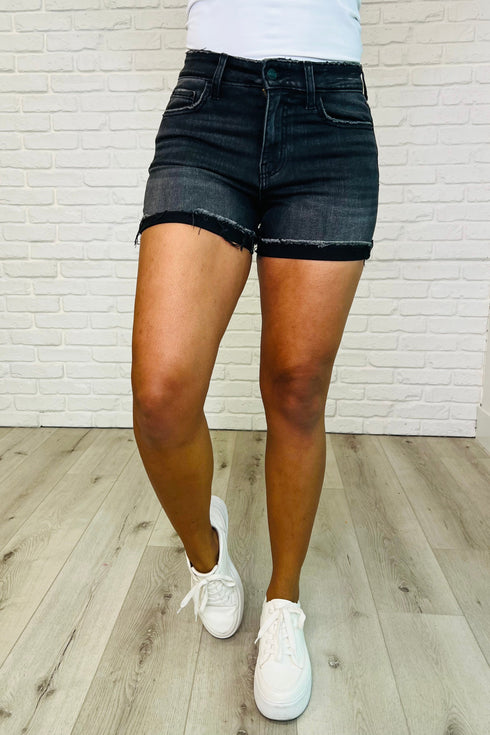 Zenana Sunset Stroll Distressed Hem Shorts in Washed Black