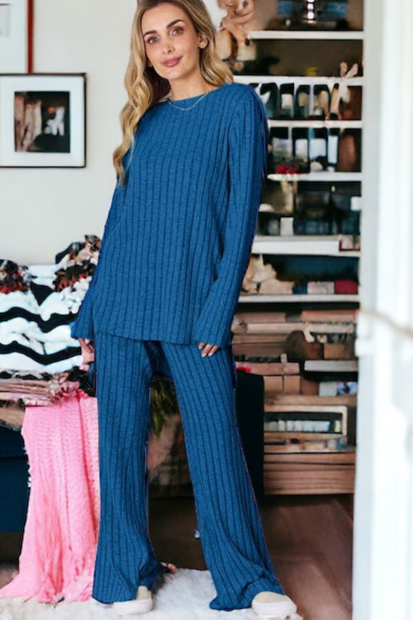 Cozy Basic Bae Top and Wide Leg Pants Set - LISA MARIE BOUTIQUE