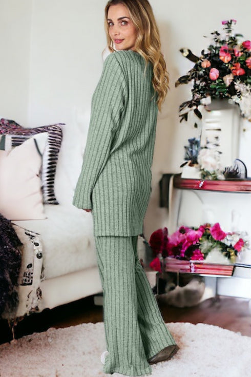 Cozy Basic Bae Top and Wide Leg Pants Set - LISA MARIE BOUTIQUE