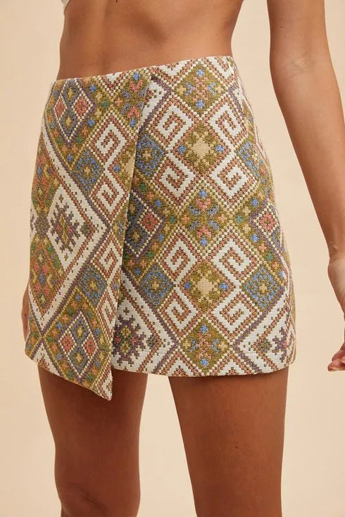 Annie Wear Ethic Woven Jacquard Wrap Mini Skirt - LISA MARIE BOUTIQUE - YELLOW GREEN MULTI - S -