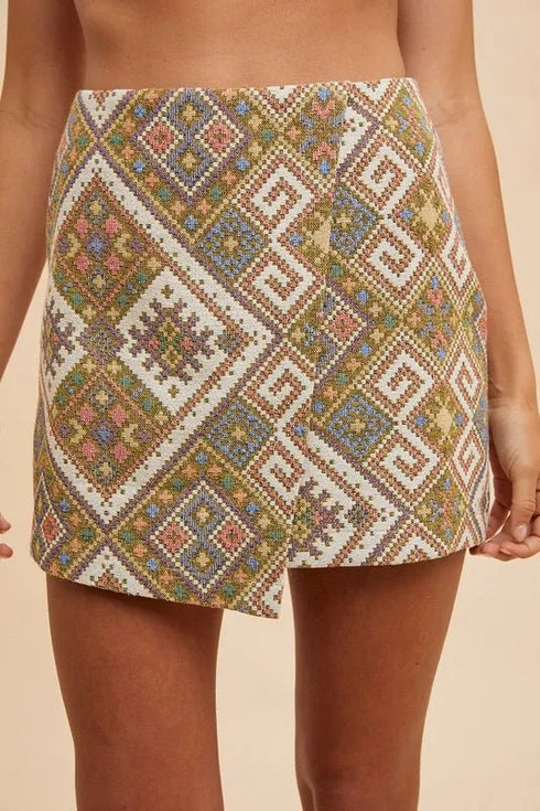 Annie Wear Ethic Woven Jacquard Wrap Mini Skirt - LISA MARIE BOUTIQUE - YELLOW GREEN MULTI - S -