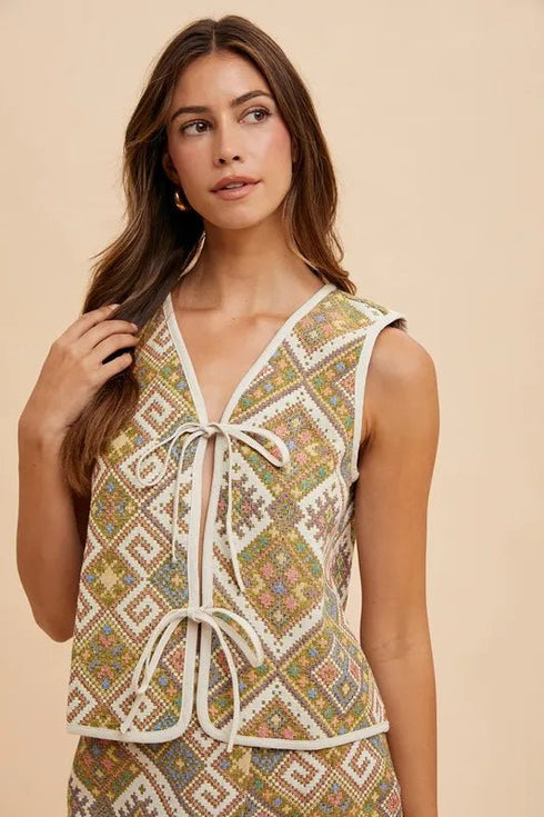 Annie Wear Ethnic Woven Jacquard Tie Front Vest - LISA MARIE BOUTIQUE - YELLOW GREEN MULTI - S -