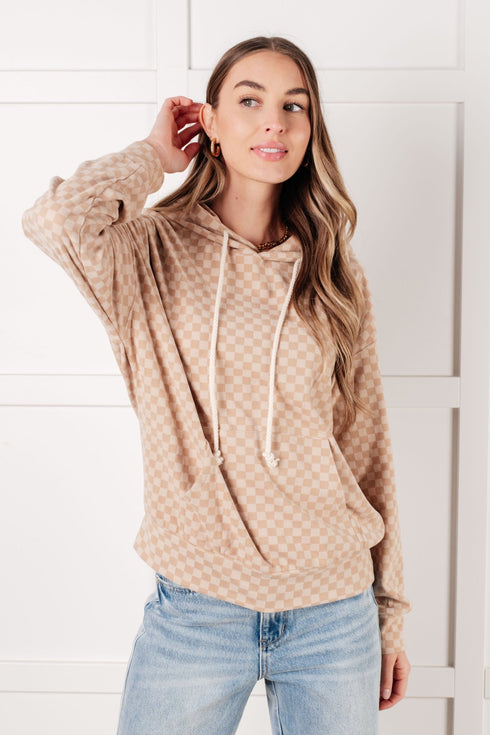 Ask Me Out Checkered Hoodie in Khaki - LISA MARIE BOUTIQUE - Tops - Small -
