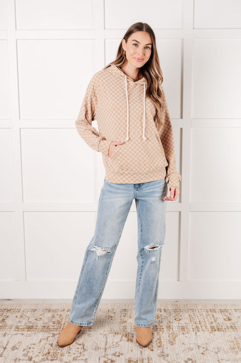 Ask Me Out Checkered Hoodie in Khaki - LISA MARIE BOUTIQUE - Tops - Small -